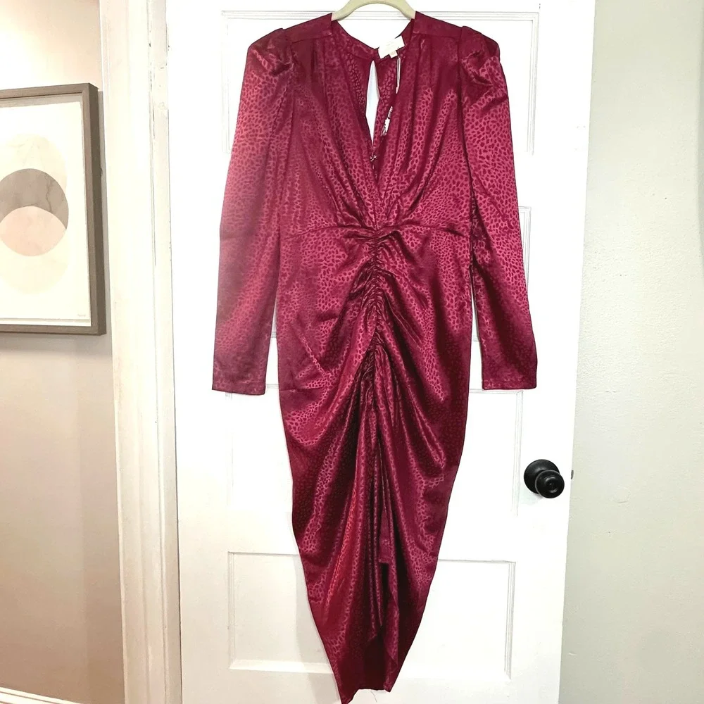Ronny Kobo Astrid Large Dress Wine Animal Jacquard Ruched Puff Sleeve Midi Dress - Picture 3 of 12